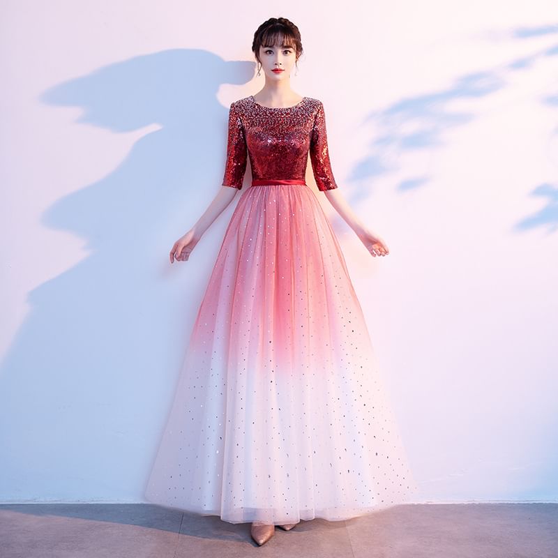 Elbow-Sleeve Gradient Sequin A-Line Evening Gown