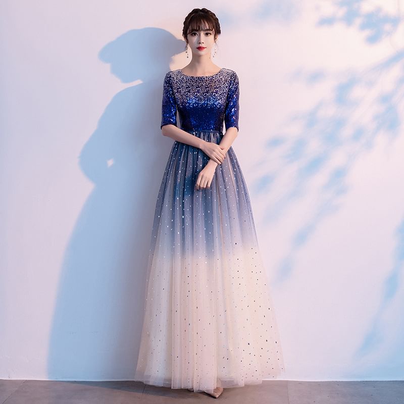 Elbow-Sleeve Gradient Sequin A-Line Evening Gown