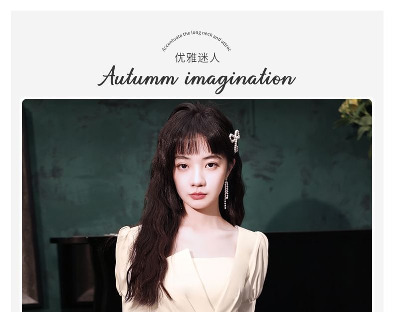 Puff-Sleeve Square Neck Plain Ruched A-Line Dress / Midi Dress