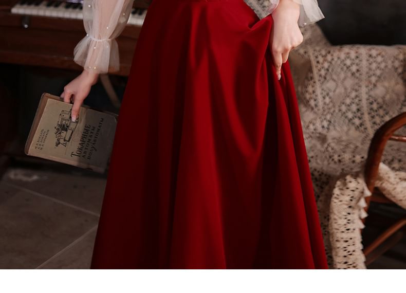 Puff-Sleeve Plain Faux Pearl A-Line Evening Gown / Midi Dress