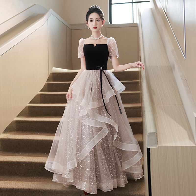 Puff-Sleeve Sequin A-Line Cocktail Dress / Evening Gown