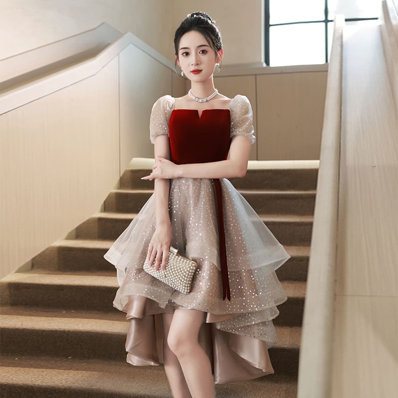 Puff-Sleeve Sequin A-Line Cocktail Dress / Evening Gown