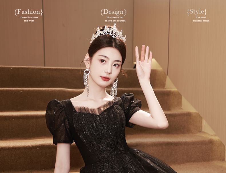 Short-Sleeve Plain Sequin A-Line Evening Gown