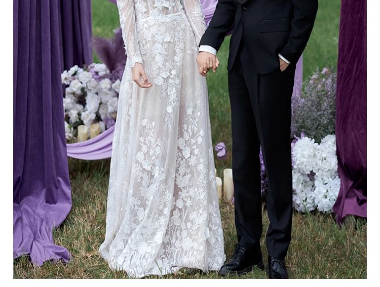 Off-Shoulder Long-Sleeve A-Line Lace Wedding Gown