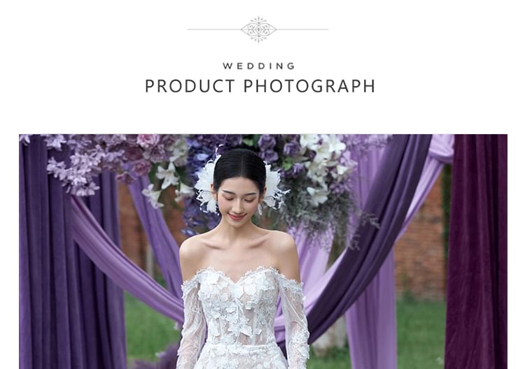 Off-Shoulder Long-Sleeve A-Line Lace Wedding Gown