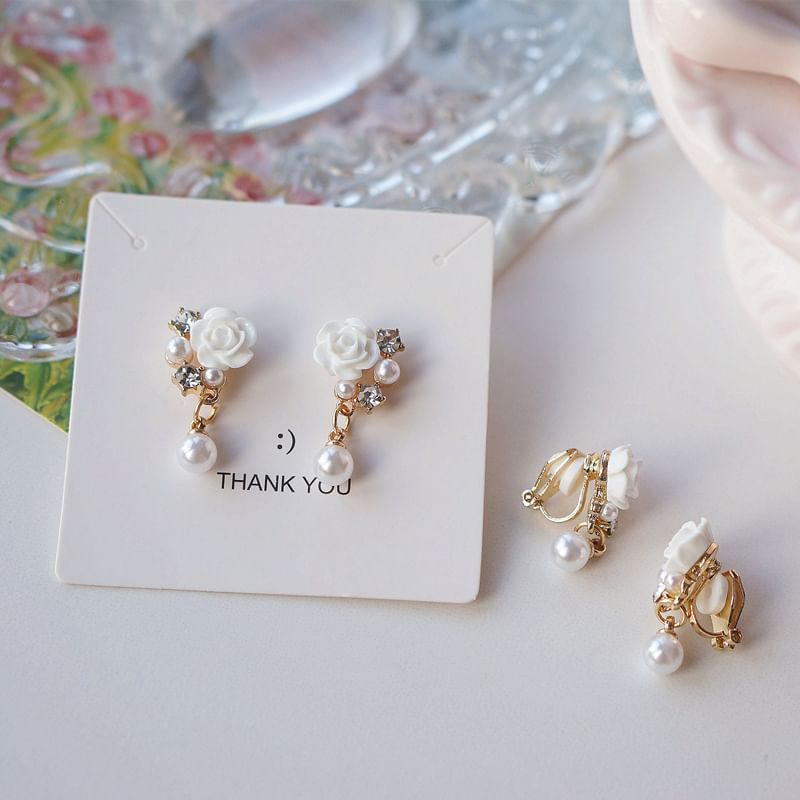 / Clip-On Faux Earring Pearl Floral Rhinestone Drop