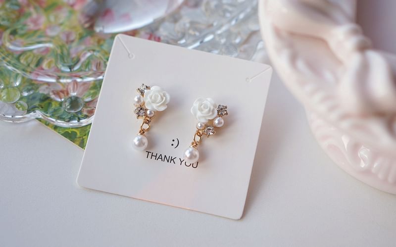 / Clip-On Faux Earring Pearl Floral Rhinestone Drop