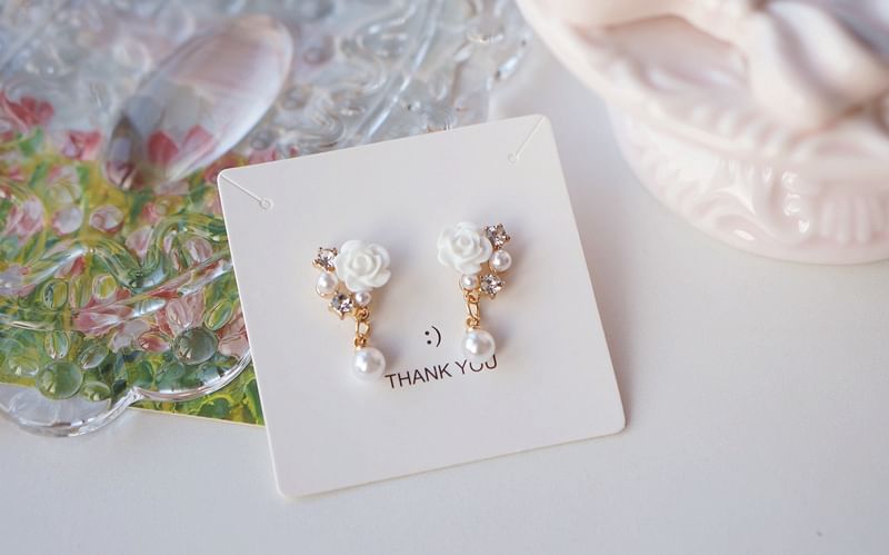 / Clip-On Faux Earring Pearl Floral Rhinestone Drop