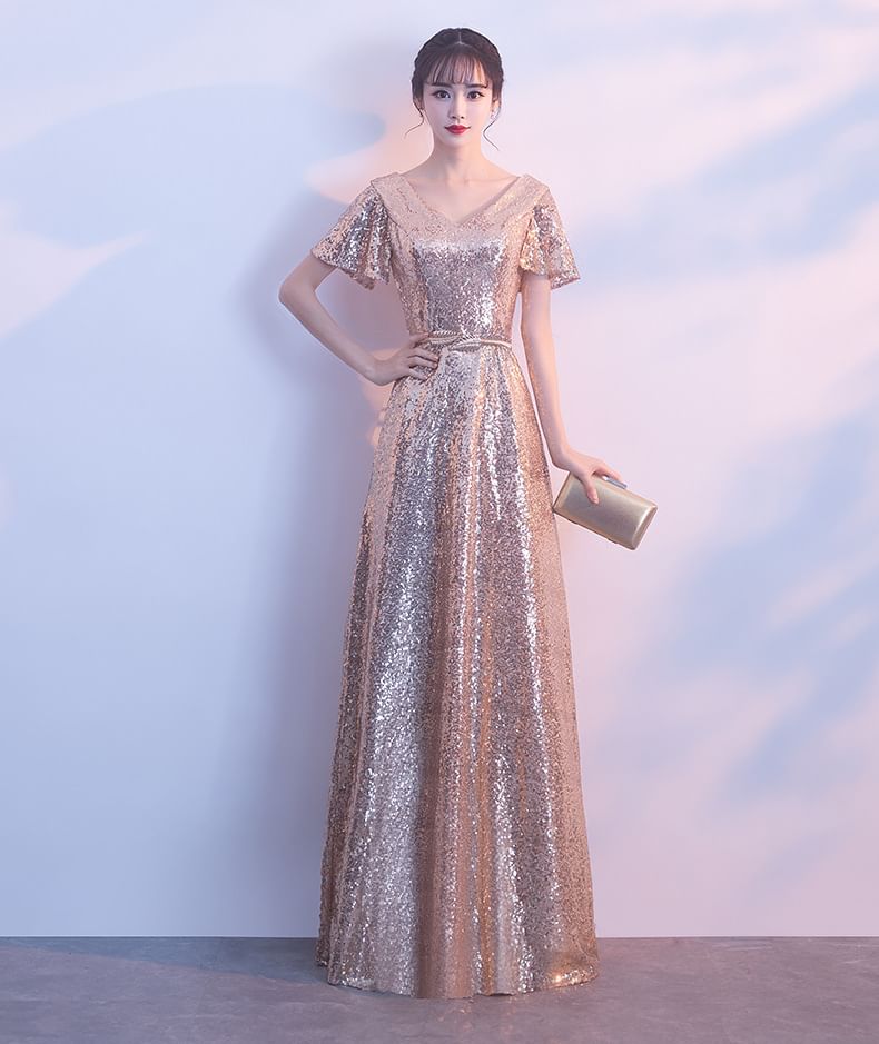 Short-Sleeve V-Neck Sequin Maxi A-Line Evening Dress