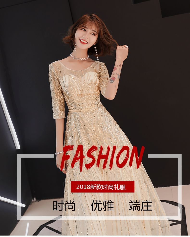 Elbow-Sleeve Round Neck Sequin A-Line Evening Gown