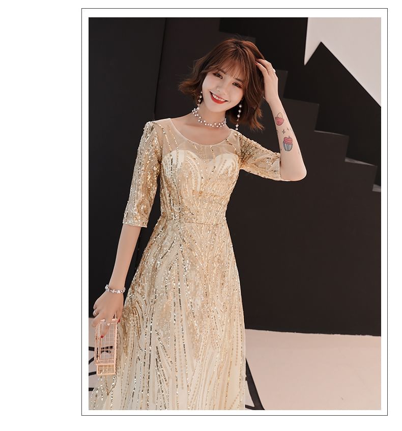 Elbow-Sleeve Round Neck Sequin A-Line Evening Gown