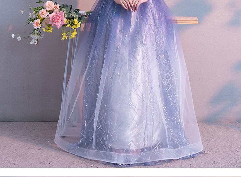 Short-Sleeve Round Neck Gradient Sequin A-Line Evening Gown / Midi Dress