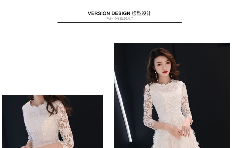 3/4-Sleeve Round Neck Lace Fringed A-Line Evening Gown / Midi Dress