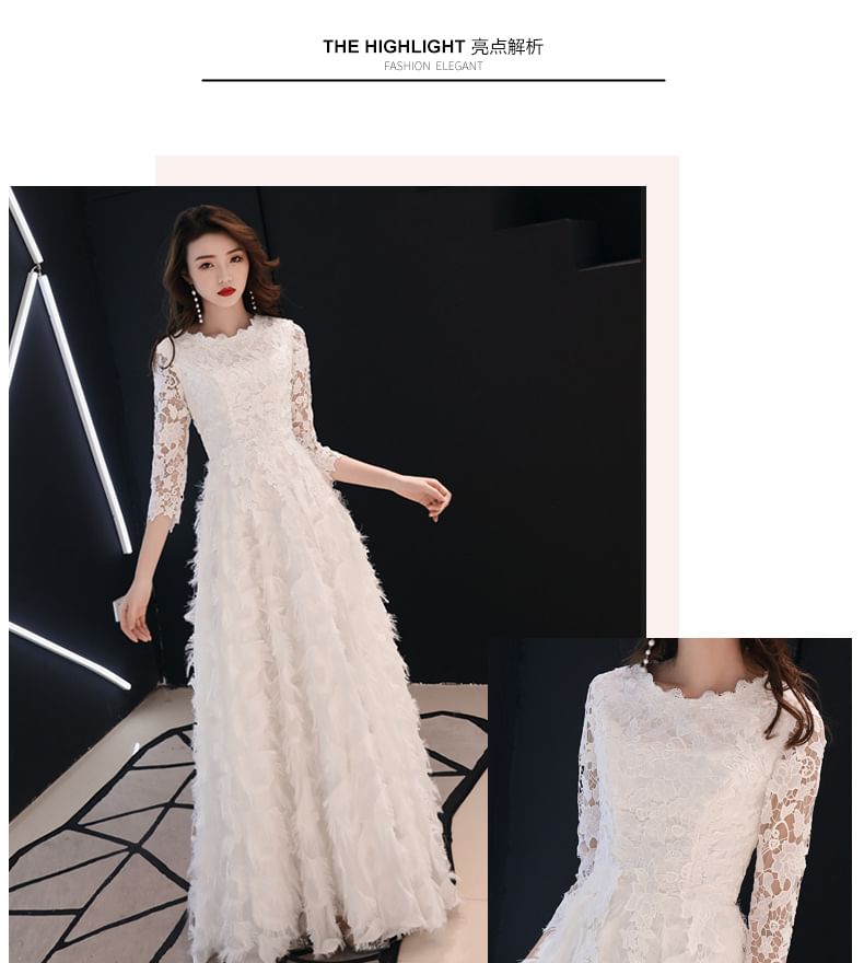 3/4-Sleeve Round Neck Lace Fringed A-Line Evening Gown / Midi Dress