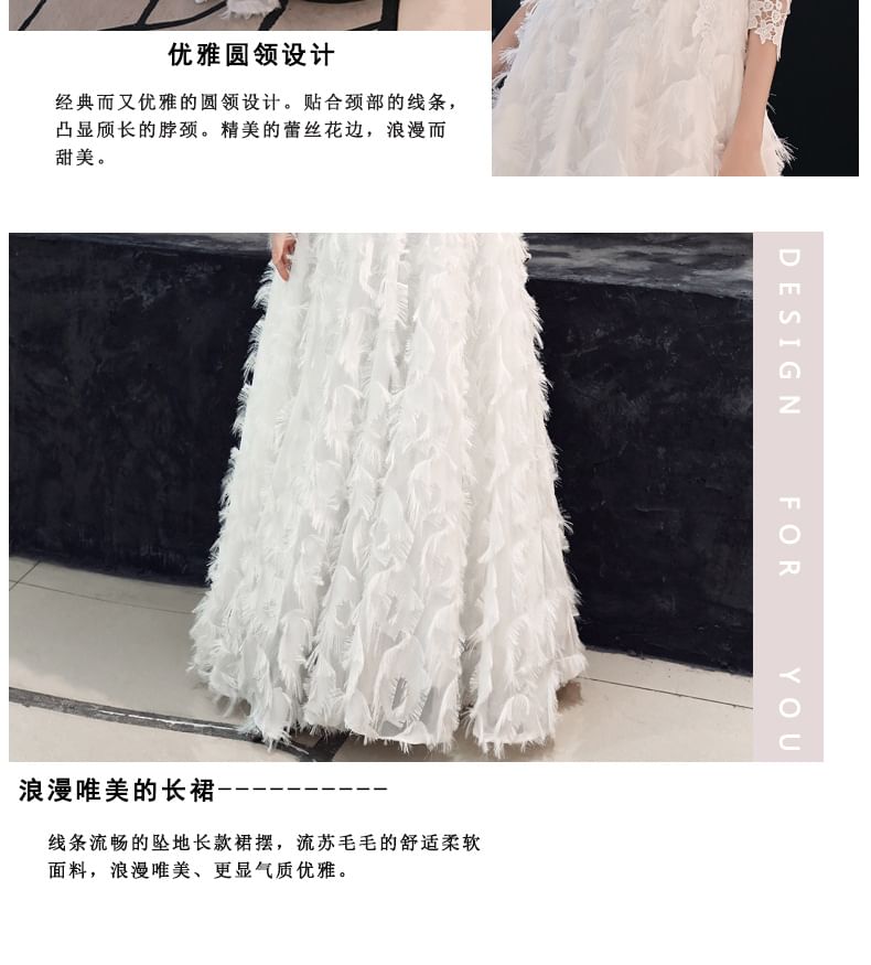 3/4-Sleeve Round Neck Lace Fringed A-Line Evening Gown / Midi Dress