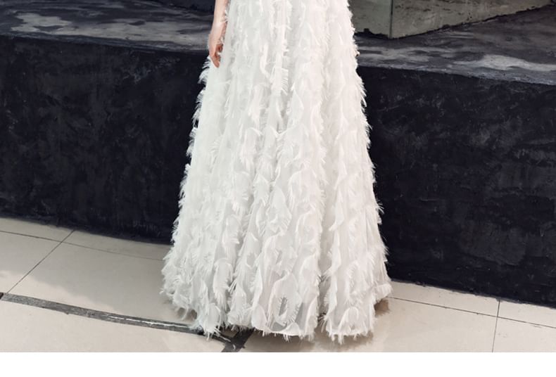 3/4-Sleeve Round Neck Lace Fringed A-Line Evening Gown / Midi Dress