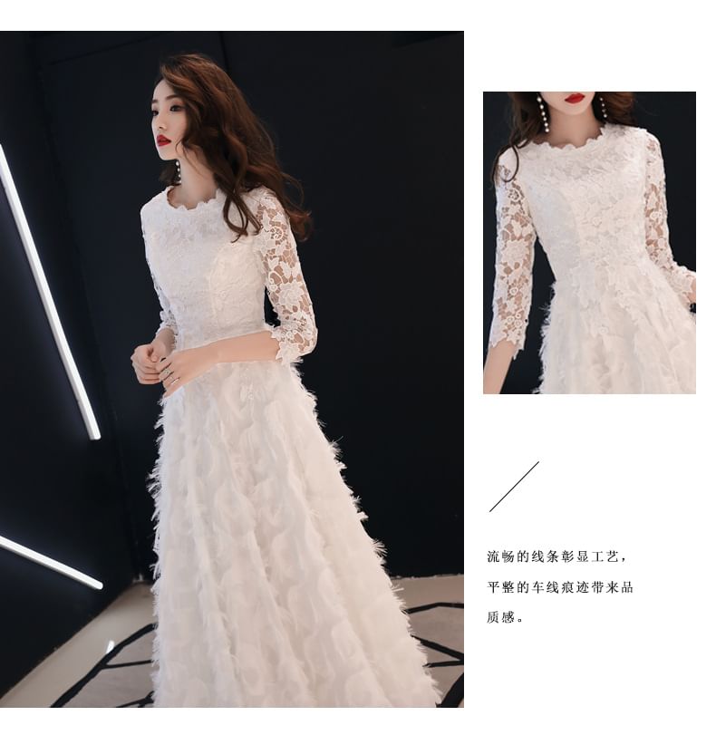3/4-Sleeve Round Neck Lace Fringed A-Line Evening Gown / Midi Dress