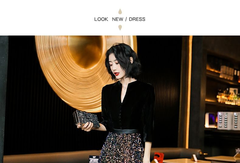 3/4-Sleeve Notch Neck Sequin Panel Evening Gown (Various Designs)