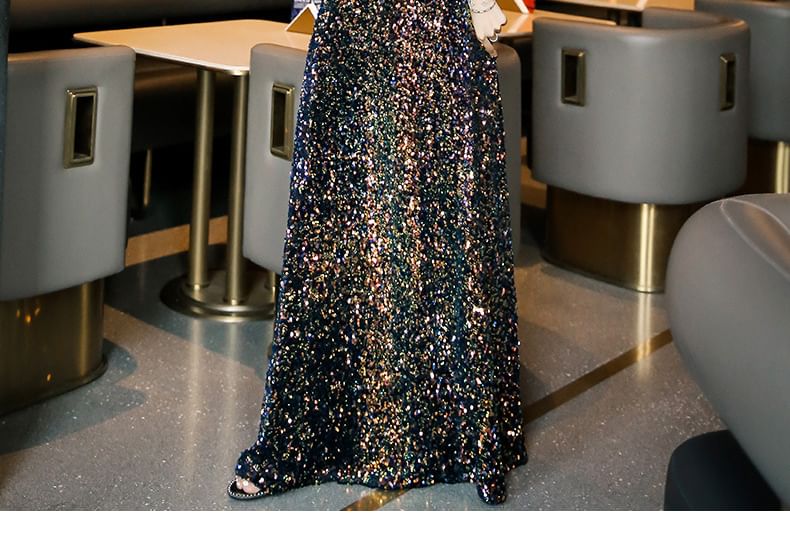 3/4-Sleeve Notch Neck Sequin Panel Evening Gown (Various Designs)