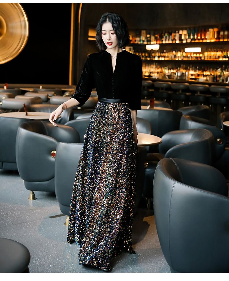 3/4-Sleeve Notch Neck Sequin Panel Evening Gown (Various Designs)