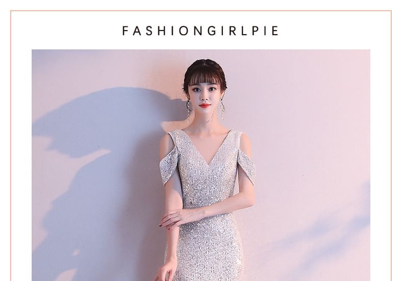 Cap-Sleeve V-Neck Cold-Shoulder Sequin Mermaid Evening Gown