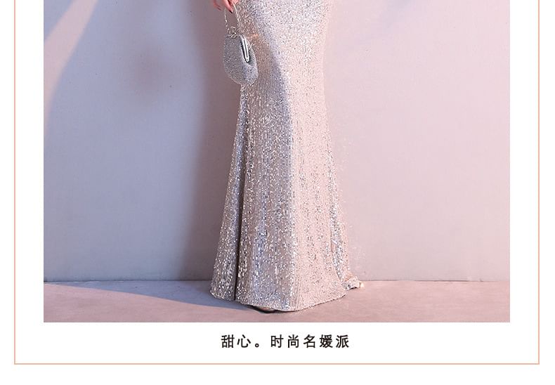 Cap-Sleeve V-Neck Cold-Shoulder Sequin Mermaid Evening Gown