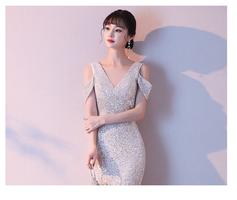 Cap-Sleeve V-Neck Cold-Shoulder Sequin Mermaid Evening Gown