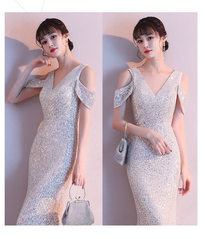 Cap-Sleeve V-Neck Cold-Shoulder Sequin Mermaid Evening Gown