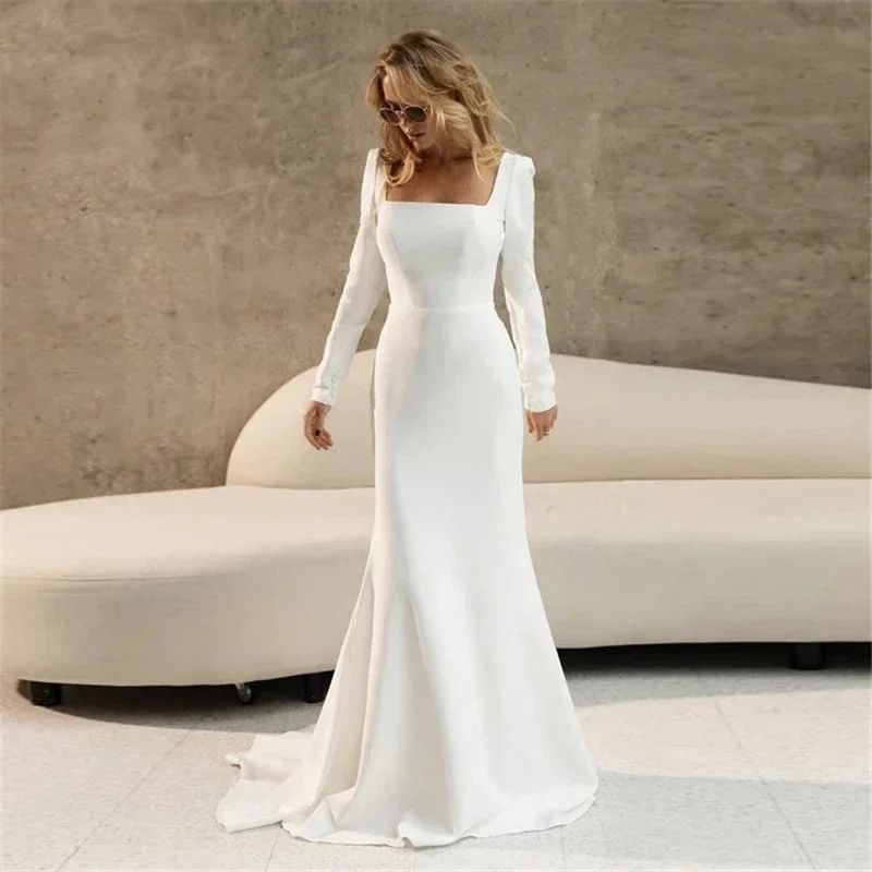 Long-Sleeve Square Neck Plain Mermaid Wedding Gown