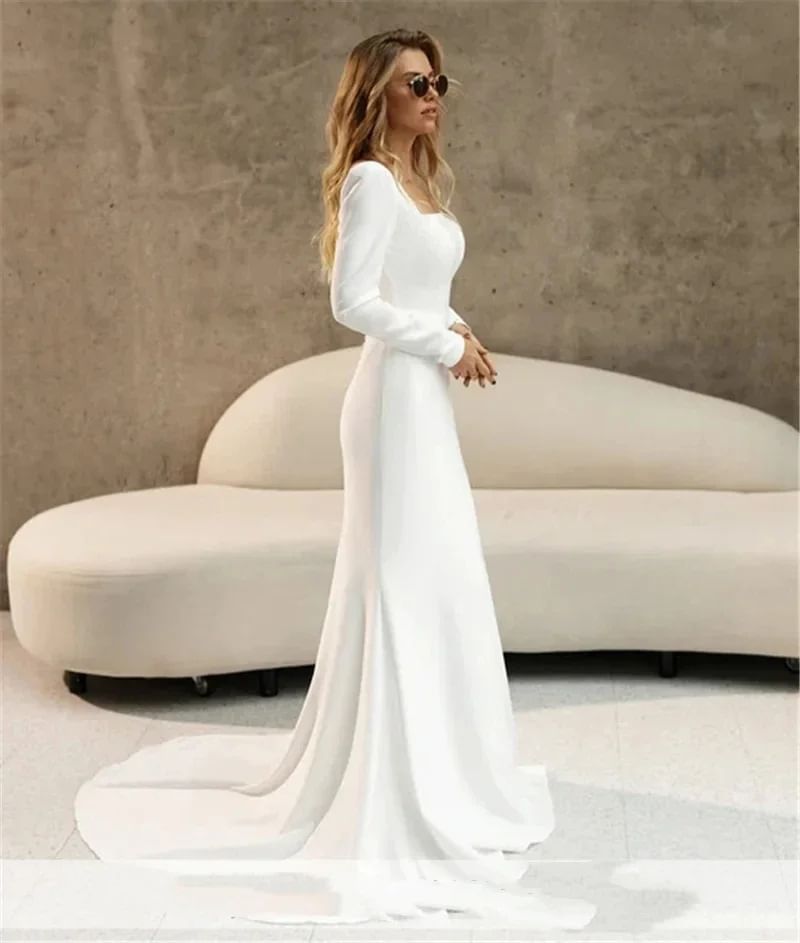 Long-Sleeve Square Neck Plain Mermaid Wedding Gown