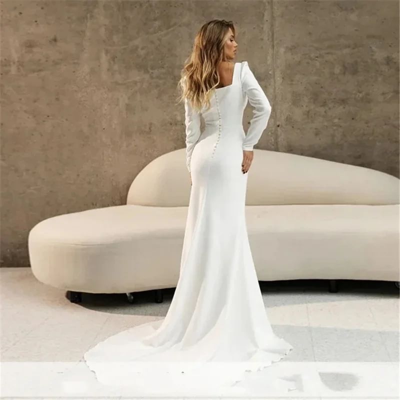 Long-Sleeve Square Neck Plain Mermaid Wedding Gown