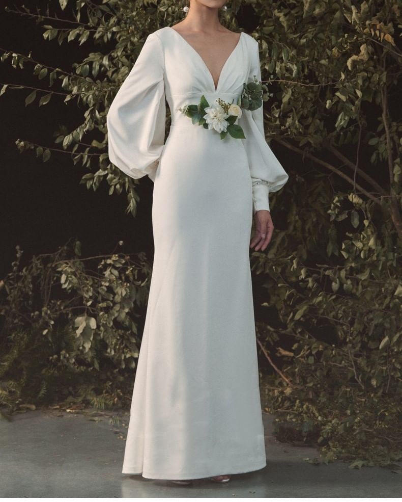 Long-Sleeve V-Neck Plunge Plain Open Back Satin Mermaid Wedding Gown