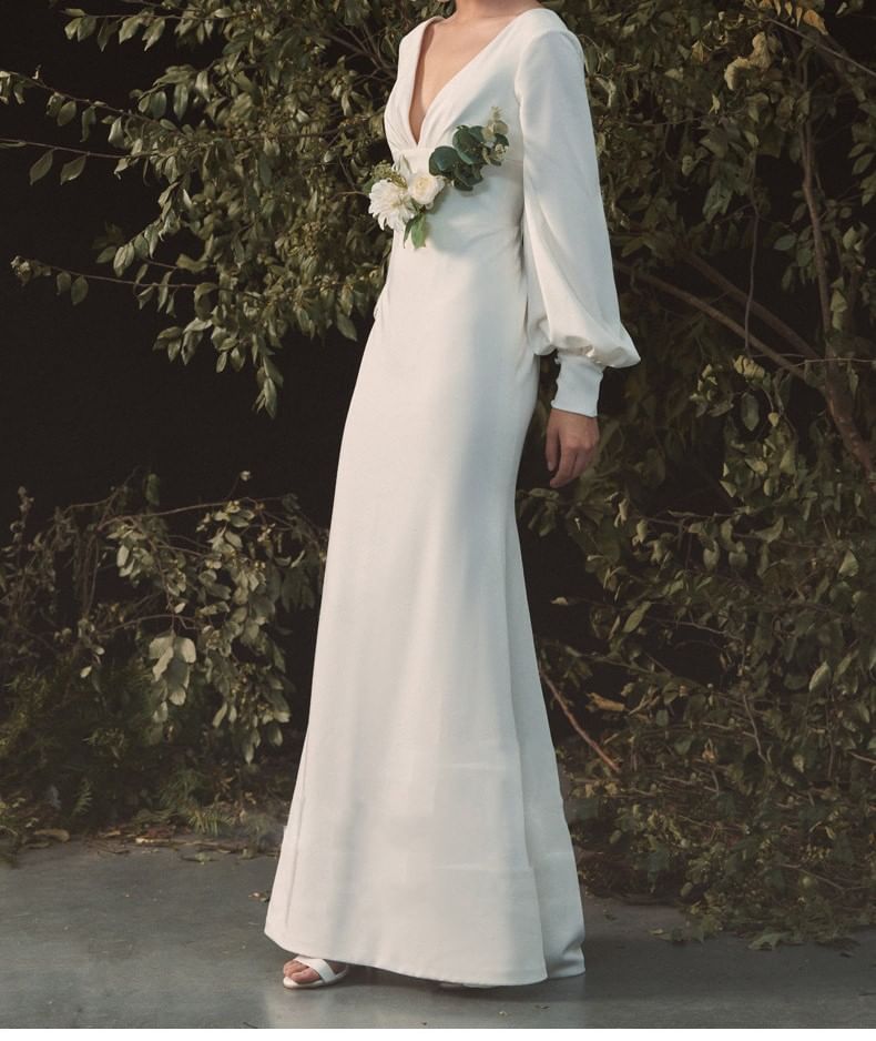 Long-Sleeve V-Neck Plunge Plain Open Back Satin Mermaid Wedding Gown