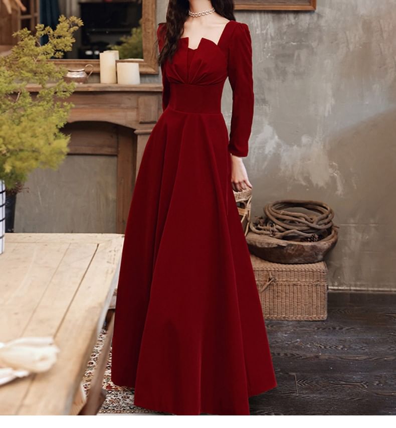 Long-Sleeve Notch Neck Plain Ruched Midi A-Line Cocktail Dress / Evening Gown