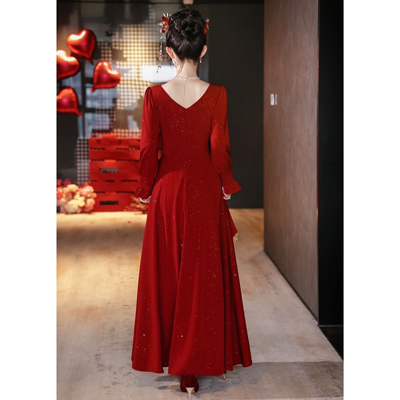 Long Sleeve Square Neck Embroidered A-Line Wedding Evening Gown