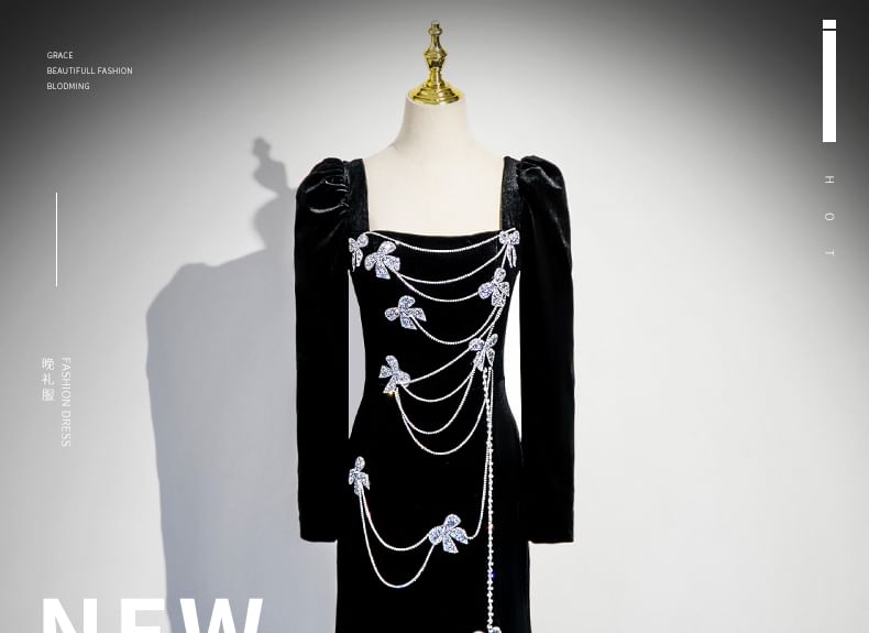 Long-Sleeve Square Neck Bow Rhinestone Velvet Trumpet Evening Gown