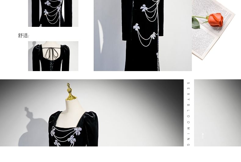 Long-Sleeve Square Neck Bow Rhinestone Velvet Trumpet Evening Gown