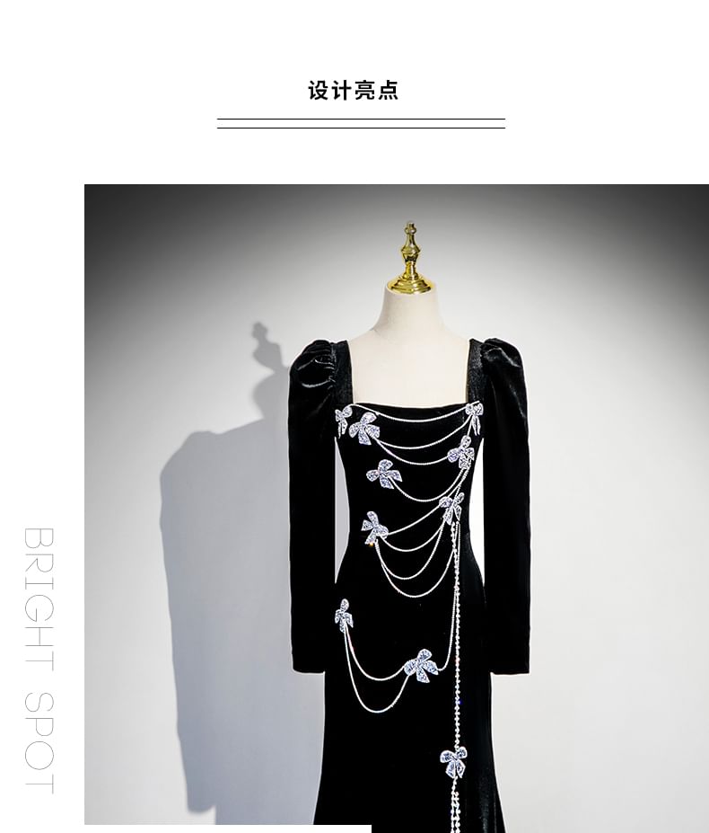Long-Sleeve Square Neck Bow Rhinestone Velvet Trumpet Evening Gown