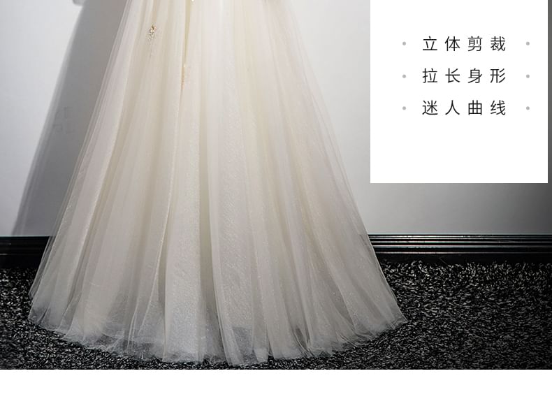 Long-Sleeve Floral Sequin Velvet Panel Tulle A-Line Evening Gown