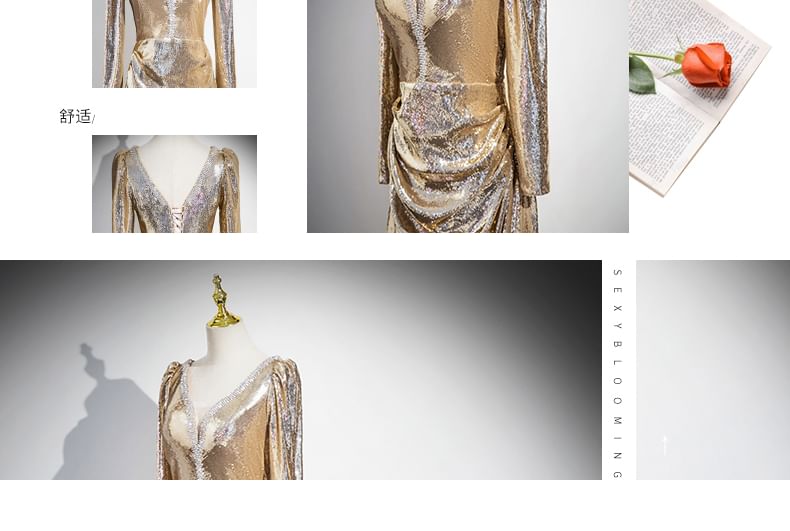 Long-Sleeve V-Neck Sequin A-Line Evening Gown