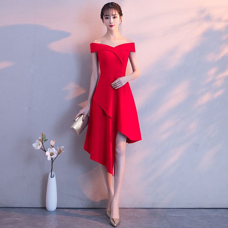 Sleeveless Off Shoulder Plain Asymmetrical A-Line Dress