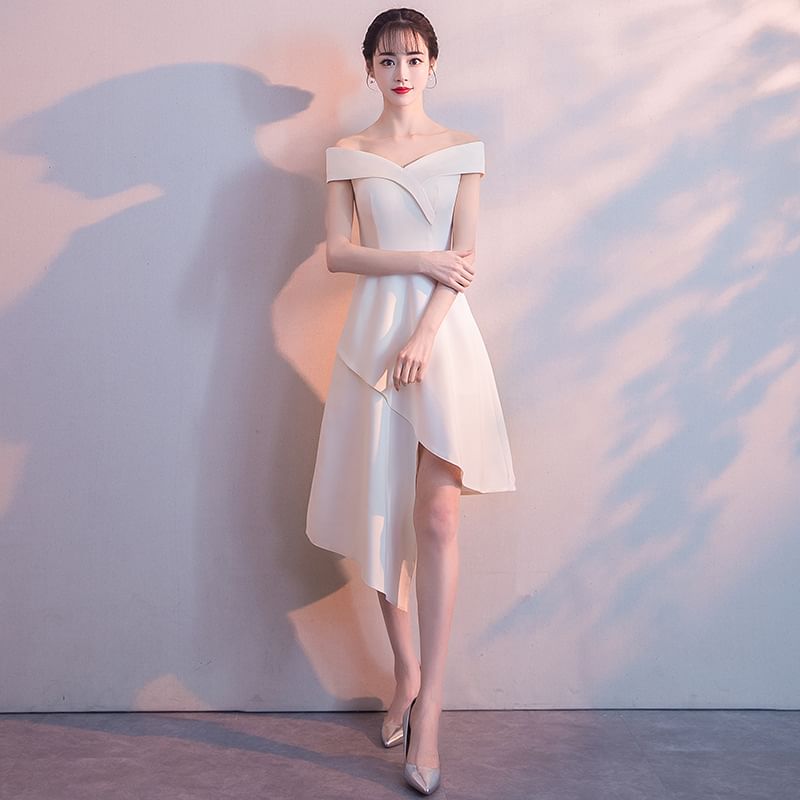 Sleeveless Off Shoulder Plain Asymmetrical A-Line Dress