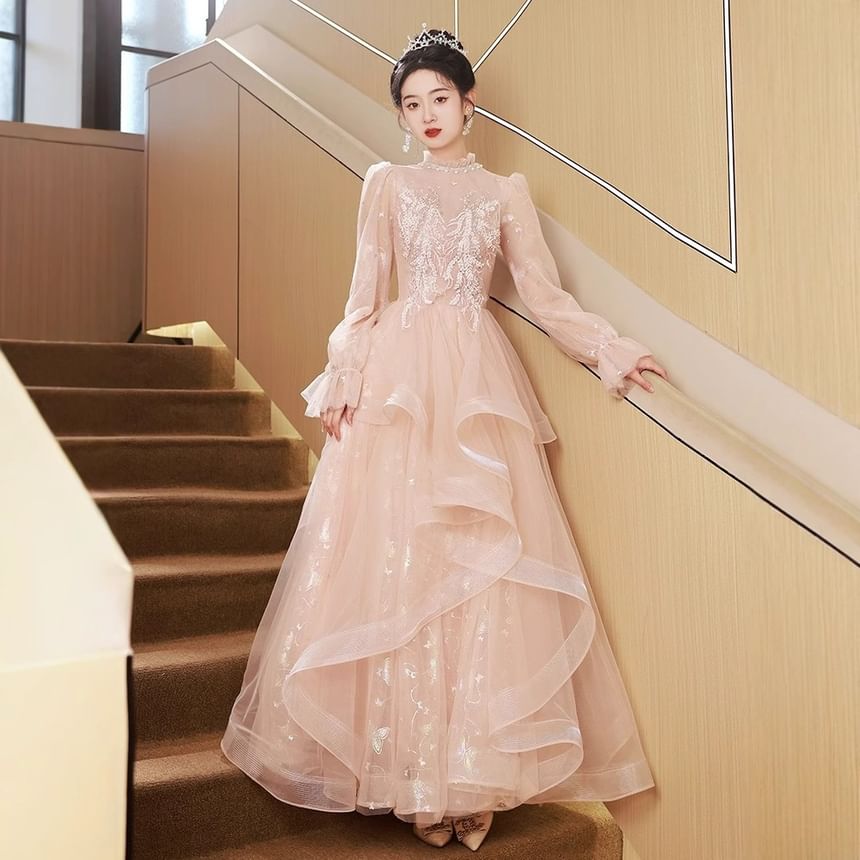 Long Sleeve Stand Collar Applique Beaded Ruffle Mesh A-Line Evening Dress