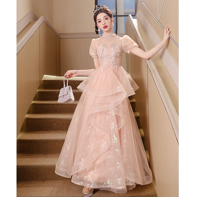 Long Sleeve Stand Collar Applique Beaded Ruffle Mesh A-Line Evening Dress