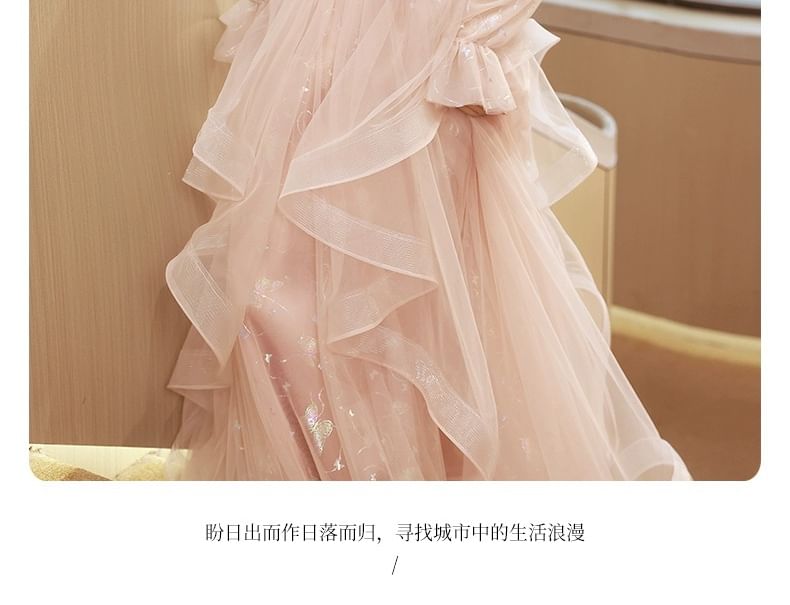 Long Sleeve Stand Collar Applique Beaded Ruffle Mesh A-Line Evening Dress