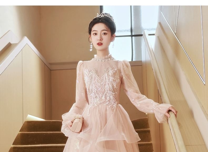 Long Sleeve Stand Collar Applique Beaded Ruffle Mesh A-Line Evening Dress