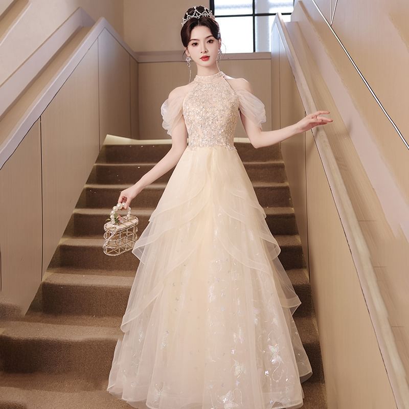 Sleeveless Cold Shoulder Sequin Panel Mesh A-Line Evening Gown