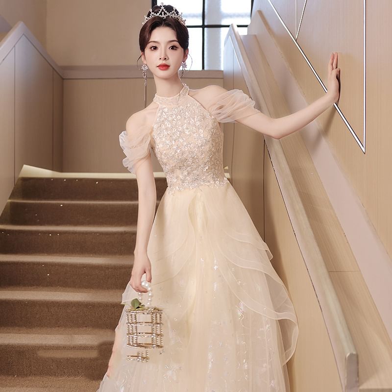 Sleeveless Cold Shoulder Sequin Panel Mesh A-Line Evening Gown