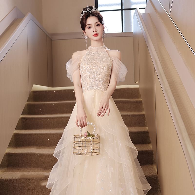 Sleeveless Cold Shoulder Sequin Panel Mesh A-Line Evening Gown