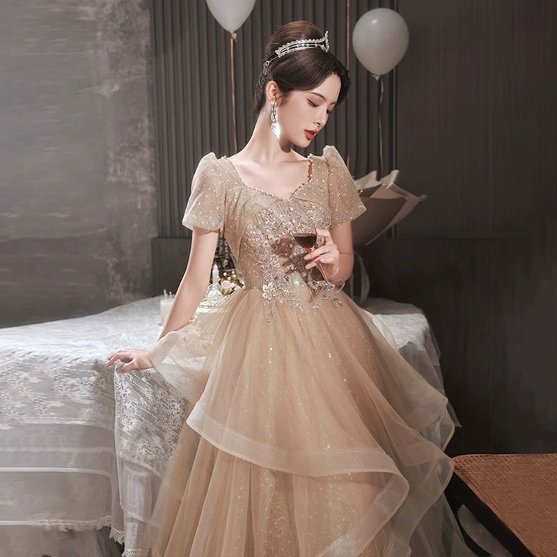 Puff-Sleeve Sequin Flower Embroidered Ruffle A-Line Evening Gown